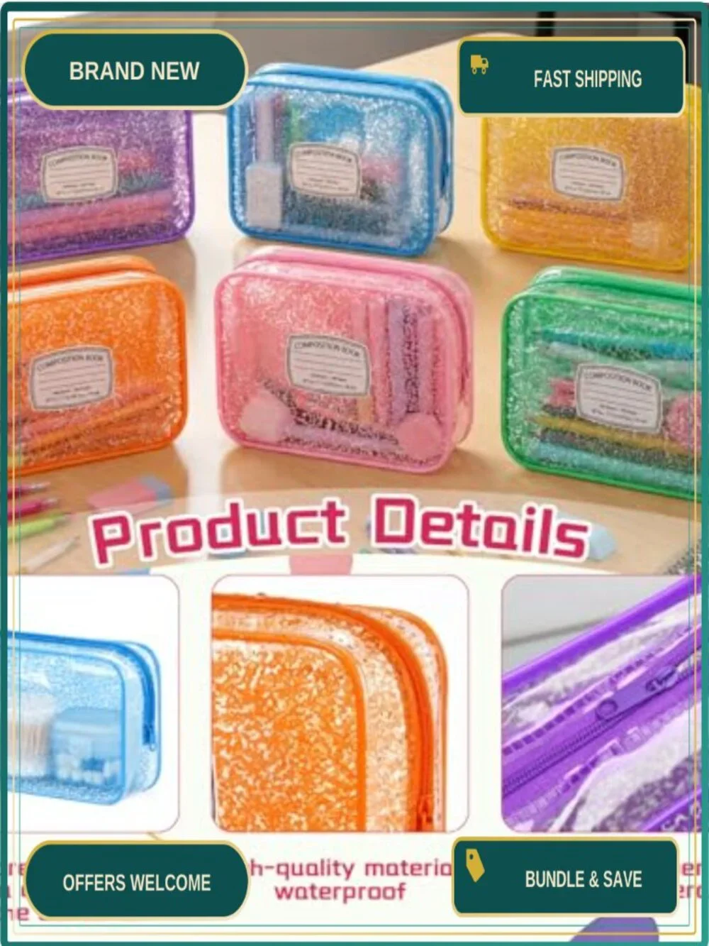 Set of 12 Clear PVC Zipper Cosmetic Bags, Composition Book Design, Waterproof